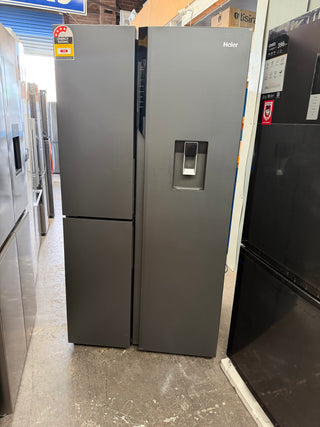 *Current Model* Haier 574L S+ Three Door Side by Side Fridge Non-Plumbed Water Dispenser Black HRF575XHC [Factory Second]
