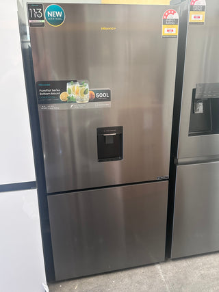 *Brand New* Hisense 500L PureFlat Bottom Mount Refrigerator with Non-plumbed Water Dispenser Dark Stainless Steel HRBM500TBW [3 Years Warranty]