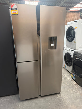 *CURRENT MODEL* Haier 574L S+ Three Door Side by Side Fridge Non-Plumbed Water Dispenser Satina Silver [FACTORY SECOND]